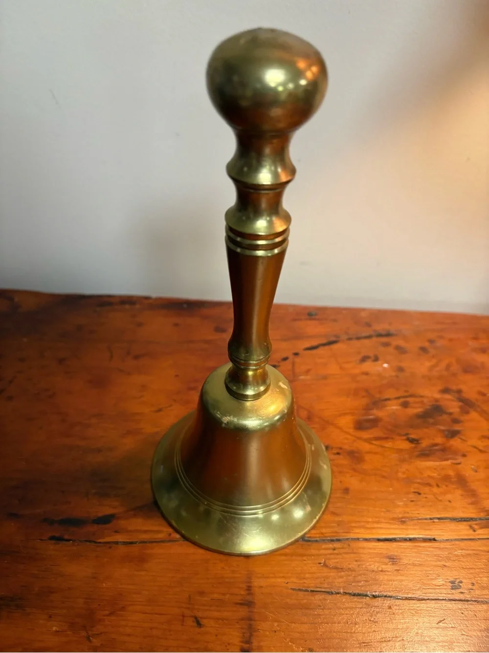 Vintage Brass Hand Bell - Polished Gold Tone 8” Rustic Charm Collectible